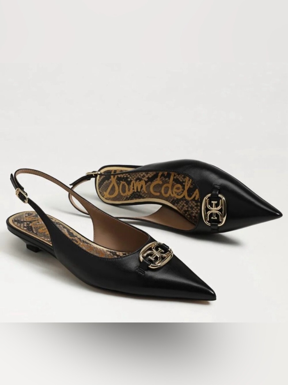 Sam Edelman Black Leather Pointed Slingback Flats with Gold Hardware size 6.5